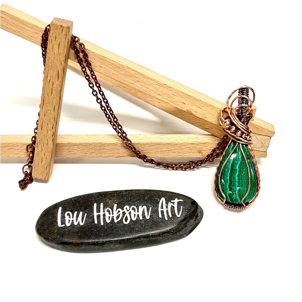 HANDMADE Malachite Hand Wrapped Copper and Copper Bead Pendant, Gift for Her - Picture 5 of 10